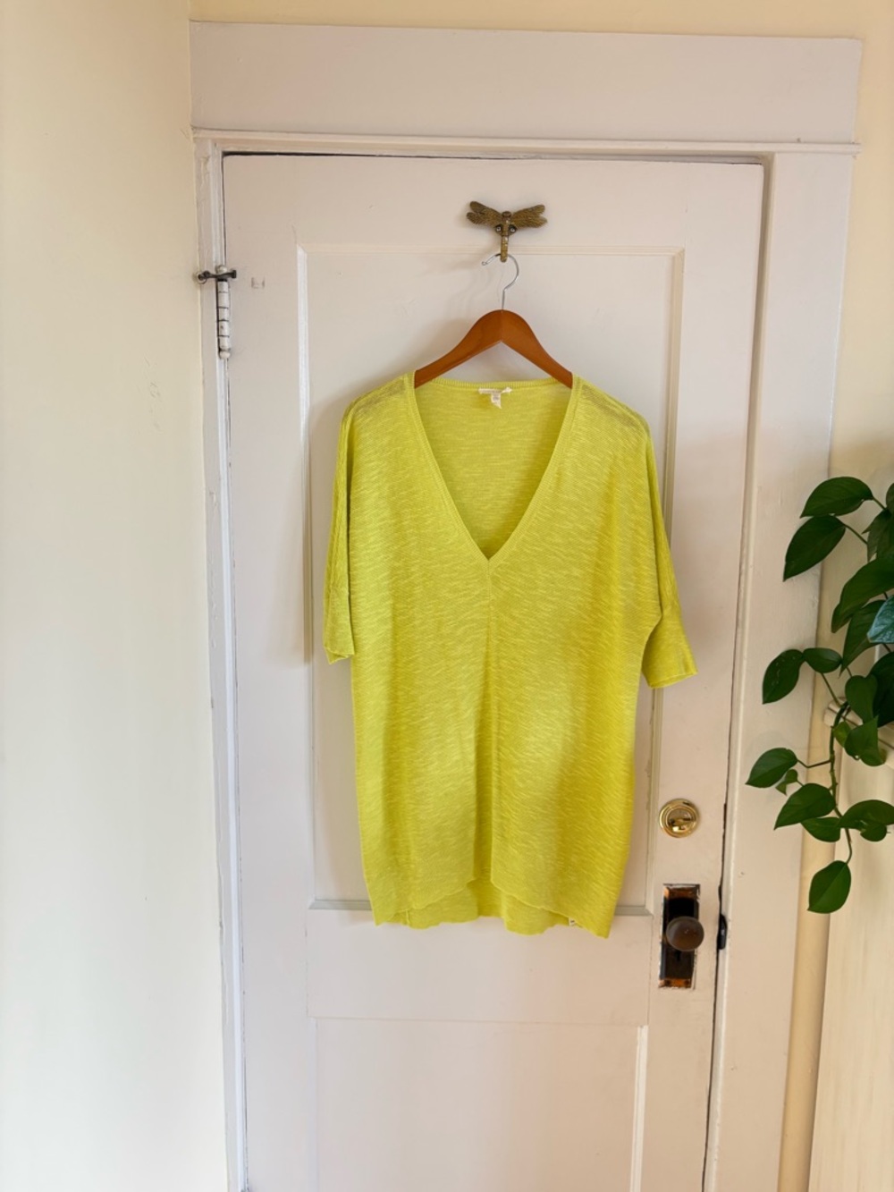 Eileen Fisher Citron Yellow Open Knit Linen Blend V-neck Tunic Top - Small